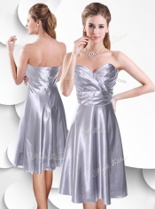 Sexy Empire Elastic Woven Satin Silver Prom Dress with Beading and Ruching