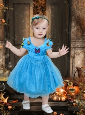 Beautiful Off the Shoulder Tea Length Little Girl Dress with Colorful Butterfly