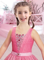 Beautiful Straps Beaded and Belted Champagne Mini Quinceanera Dresses with Ankle Length