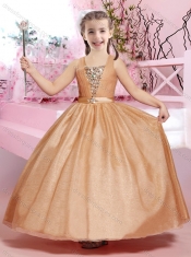 Beautiful Straps Beaded and Belted Champagne Mini Quinceanera Dresses with Ankle Length