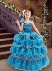 Elegant One Shoulder Applique and Ruffled Mini Quinceanera Dresses in Blue