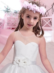 Exquisite See Through Belted and Applique Adorable Little Girl Pageant Dress in White