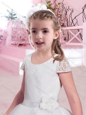Latest Scoop Short Sleeves Belted Adorable Little Girl Pageant Dress in Lace and Tulle