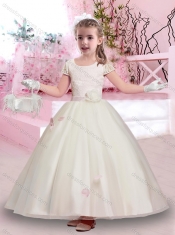 Latest Scoop Short Sleeves Belted Adorable Little Girl Pageant Dress in Lace and Tulle