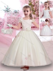 Latest Scoop Short Sleeves Belted Adorable Little Girl Pageant Dress in Lace and Tulle