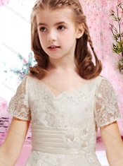 Lovely A Line V Neck Short Sleeves Applique Adorable Little Girl Pageantl Dress in Lace