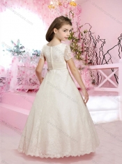 Lovely A Line V Neck Short Sleeves Applique Adorable Little Girl Pageantl Dress in Lace