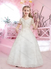 Lovely A Line V Neck Short Sleeves Applique Adorable Little Girl Pageantl Dress in Lace