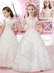 Lovely A Line V Neck Short Sleeves Applique Adorable Little Girl Pageantl Dress in Lace