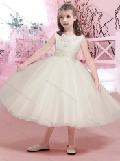 Lovely Tulle Scoop Tea Length Adorable Little Girl Pageant Dress with Appliques