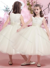 Lovely Tulle Scoop Tea Length Adorable Little Girl Pageant Dress with Appliques