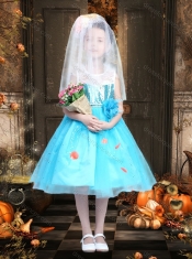 New Style Blue and White Little Girl Dress with Sequins and Handcrafted Flower