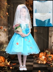 New Style Blue and White Little Girl Dress with Sequins and Handcrafted Flower