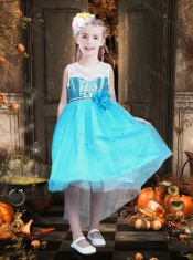 New Style Blue and White Little Girl Dress with Sequins and Handcrafted Flower
