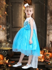 New Style Blue and White Little Girl Dress with Sequins and Handcrafted Flower
