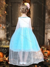 Popular Blue and White Little Girl Dress with Tea Length