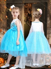 Popular Blue and White Little Girl Dress with Tea Length