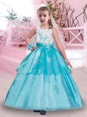 Popular Scoop Applique Mini Quinceanera Dresses in Aqua Blue and White