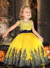 Simple Scoop Tulle Yellow Little Girl Dress with Appliques and Belt