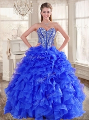 Big Puffy Beaded Blue Quinceanera Dress and Sequined Short  Dama Dresses Ruffled Mini Quinceanera Dress