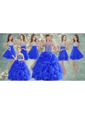 Big Puffy Beaded Blue Quinceanera Dress and Sequined Short Dama Dresses Ruffled Mini Quinceanera Dress