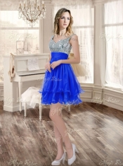 Big Puffy Beaded Blue Quinceanera Dress and Sequined Short  Dama Dresses Ruffled Mini Quinceanera Dress