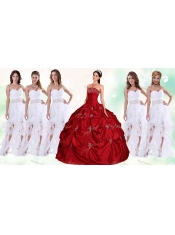 Lovely Taffeta Applique and Beaded Red Quinceanera Dress and Asymmetrical White Dama Dresses