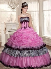 Luxurious Applique Zebra Rose Pink Quinceanera Dress and Strapless White Dama Dresses and Pick Ups Mini Quinceanera Dress and Applique Mother of The Bride Dress