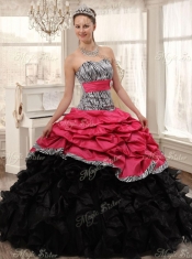 Pretty Zebra Ruffled Red and Black Quinceanera Dress and Beaded Short Dama Dresses