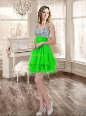 Really Puffy Spring Green Sweet 16 Dress and Sequined Short  Dama Dresses and Beaded and Ruffled Mini Quinceanera Dress