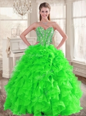 Really Puffy Spring Green Sweet 16 Dress and Sequined Short  Dama Dresses and Beaded and Ruffled Mini Quinceanera Dress