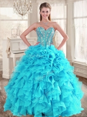 Visible Boning Aqua Blue Quinceanera Dress and Sequined Short  Dama Dresses Beaded and Ruffled Mini Quinceanera Dress