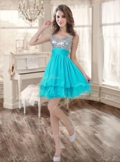 Visible Boning Aqua Blue Quinceanera Dress and Sequined Short  Dama Dresses Beaded and Ruffled Mini Quinceanera Dress