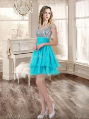 Visible Boning Aqua Blue Quinceanera Dress and Sequined Short  Dama Dresses Beaded and Ruffled Mini Quinceanera Dress