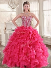 Visible Boning Coral Red Quinceanera Dress and Short Sequined Dama Dresses and Beaded and Ruffled Mini Quinceanera Dress