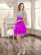 Visible Boning Fuchsia Sweet 16 Gown and Sequined Dama Dresses Beaded and Ruffled Mini Quinceanera Dress