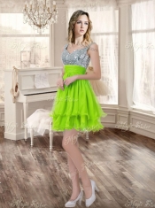 Visible Boning Yellow Green Quinceanera Gown and Sequined Short  Dama Dresses and Beaded and Ruffled Mini Quinceanera Dress