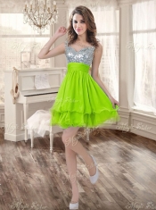 Visible Boning Yellow Green Quinceanera Gown and Sequined Short  Dama Dresses and Beaded and Ruffled Mini Quinceanera Dress