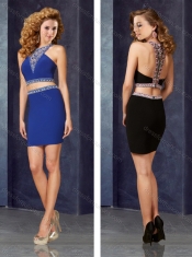 2016 New Two Piece Column Elastic Woven Satin Prom Dress with Beading