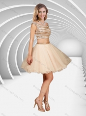 2016 Two Piece Off the Shoulder A Line Sequined Prom Dress in Champagne