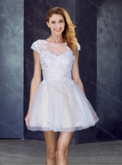 Bateau Applique Light Blue Short Dama Dress with Cap Sleeves