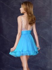 Beautiful A Line V Neck Sequined Aqua Blue Short Dama Dress
