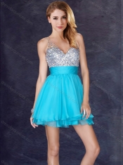 Beautiful A Line V Neck Sequined Aqua Blue Short Dama Dress