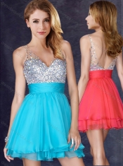 Beautiful A Line V Neck Sequined Aqua Blue Short Dama Dress