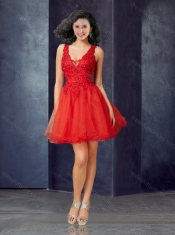 Beautiful Deep V Neckline Tulle Red Prom Dress with Lace