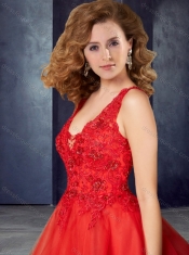 Beautiful Deep V Neckline Tulle Red Prom Dress with Lace