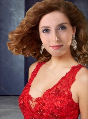 Beautiful Deep V Neckline Tulle Red Prom Dress with Lace