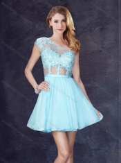 Cheap See Through One Shoulder Applique Prom Dress in Aqua Blue