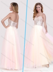 Classical Beaded Bodice Empire Baby Pink Long Prom Dress in Tulle