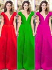 Classical Deep V Neckline Satin Prom Dress with Cap Sleeves